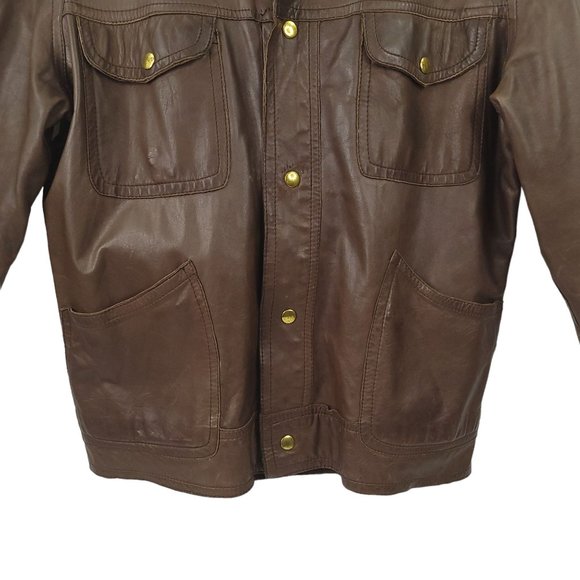 Vintage Brown Leather Snap Front Jacket Men L Made in England Flap Slash Pockets - Picture 13 of 16